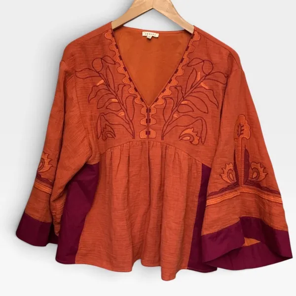 Jodifl Embroidered V-Neck Bell Sleeve Babydoll Top Orange Magenta G13191 - Image 2
