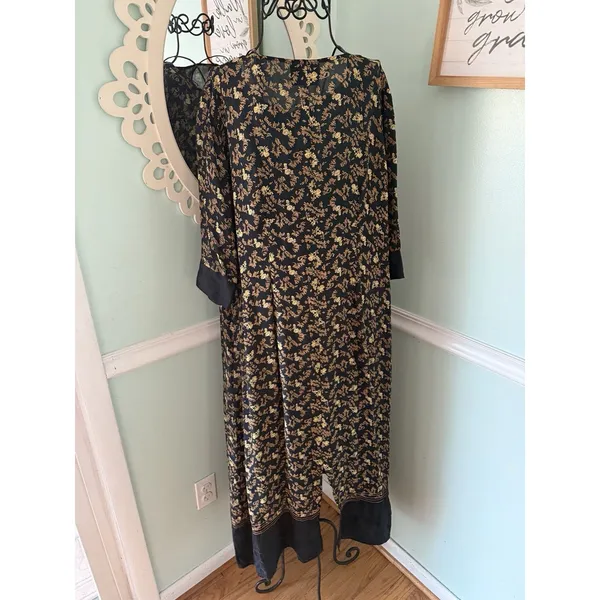 April Cornell For Cornell Trading Black Floral Midi Dress‎ Size Large Vtg Kaftan - Image 3