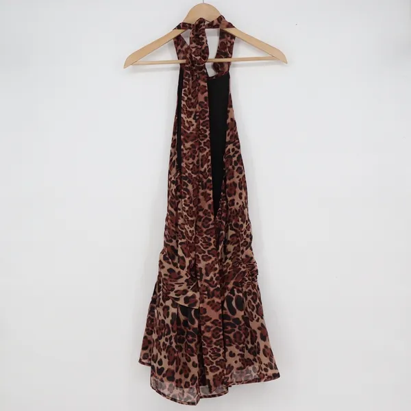SHEIN Haute Leopard Print Halter Mini Dress Brown Ruffled Hem Size M - Image 6