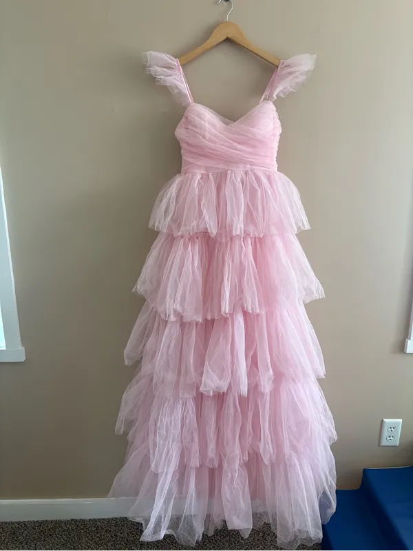 Lulus Fabulous Poise Light Pink Tulle Ruffled Tiered Maxi Dress Size Small NWT - Image 4