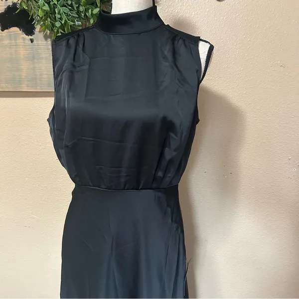 Lulus Classic Elegance Black Satin Sleeveless Mock Neck Maxi Dress - Image 4