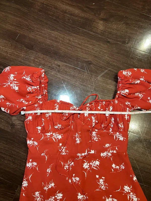 Simple Retro Floral Mini Dress Puff Sleeves Size Small - Image 5