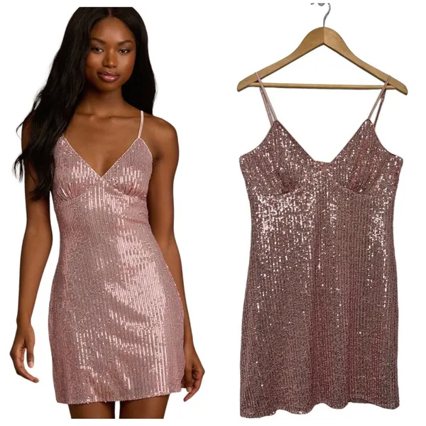Lulus Party in Style Sequin Sleeveless Mini Lined V Neck Dress Light Pink XL - Image 15