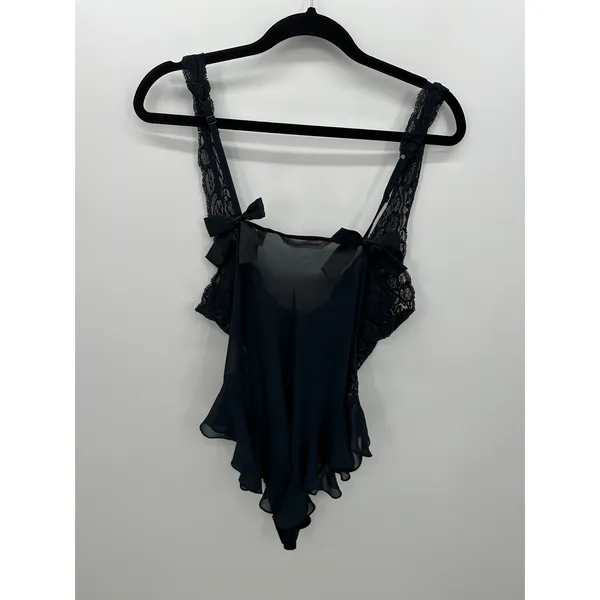 Victoria's Secret‎ Black Lace Bodysuit Womens M Ruffle Y2K Vintage Lingerie - Image 2