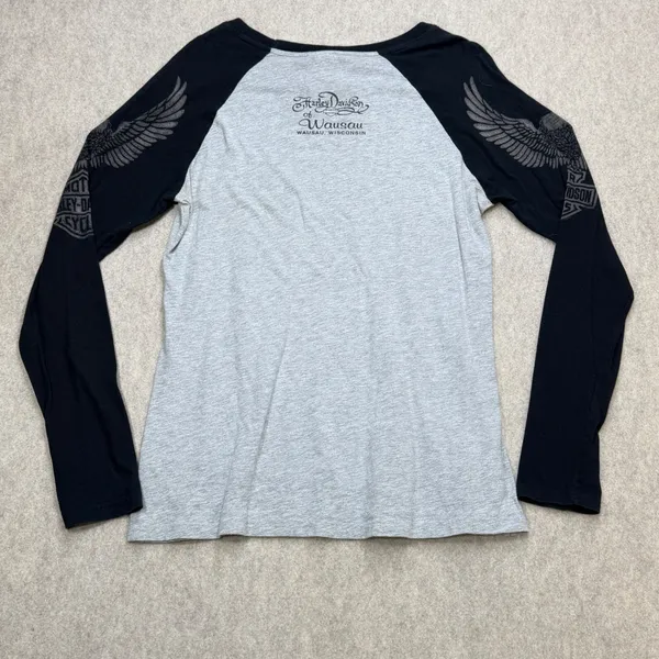 Harley Davidson Raglan Shirt Womens L Gray Bling Glam Biker Americana Moto USA - Image 2