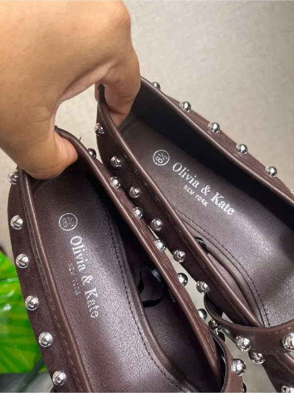 Olivia & Kate Studded Mary Jane Flats in a dark brown faux-suede finish - Image 3