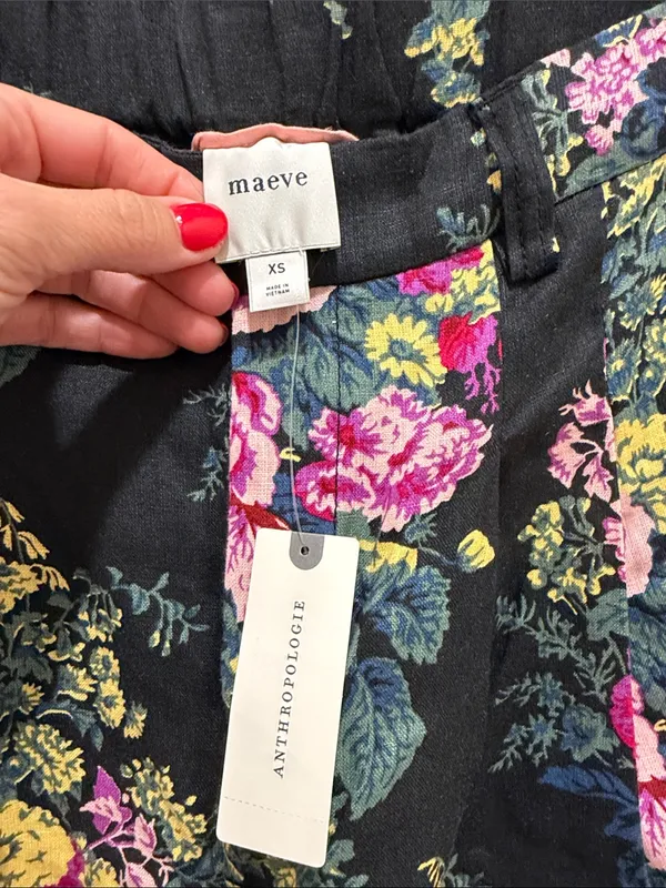 Maeve by Anthropologie Avery Black Floral Rose Wide-Leg Pants Linen Trousers XS - Image 4