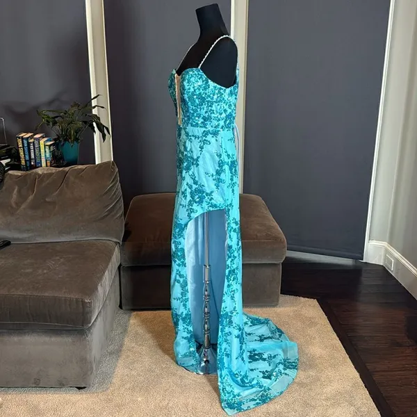 Women’s Blue Mermaid Fit Prom Party Dress Sparkly Sequins Leg Slit Size 12 - Image 3