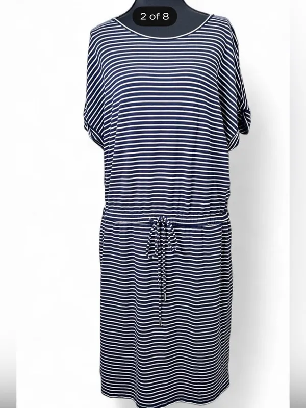 Hilary Radley Striped Navy and White Tie-Waist Dress with Pockets Size Large - Image 3
