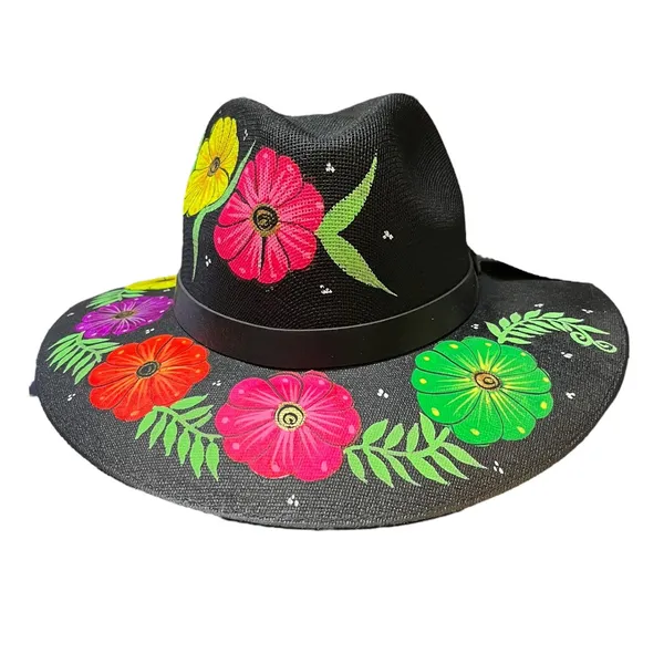 HAT MEXICAN Artisanal Hand Painted Fedora Floral Sombrero Panama Bohemian Black - Image 5