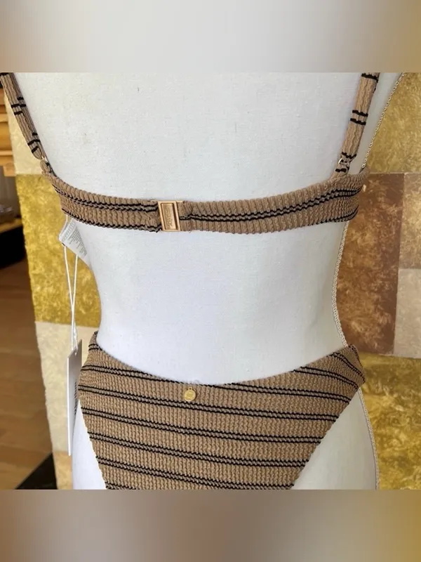 NEW Rhythm. Sol Stripe Hi Cut Adjustable Strap Two Piece XS Bikini Tan/Black Set - Image 7