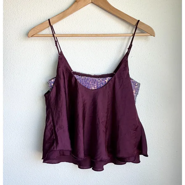 FREE PEOPLE Intimately Turn It On Camisole Sequined Satin Crop Top Womens XS - Image 3