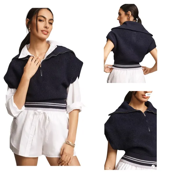 Maeve by Anthropologie Size Large Navy Blue Quarter-Zip Sweater Tee NWT - Image 2