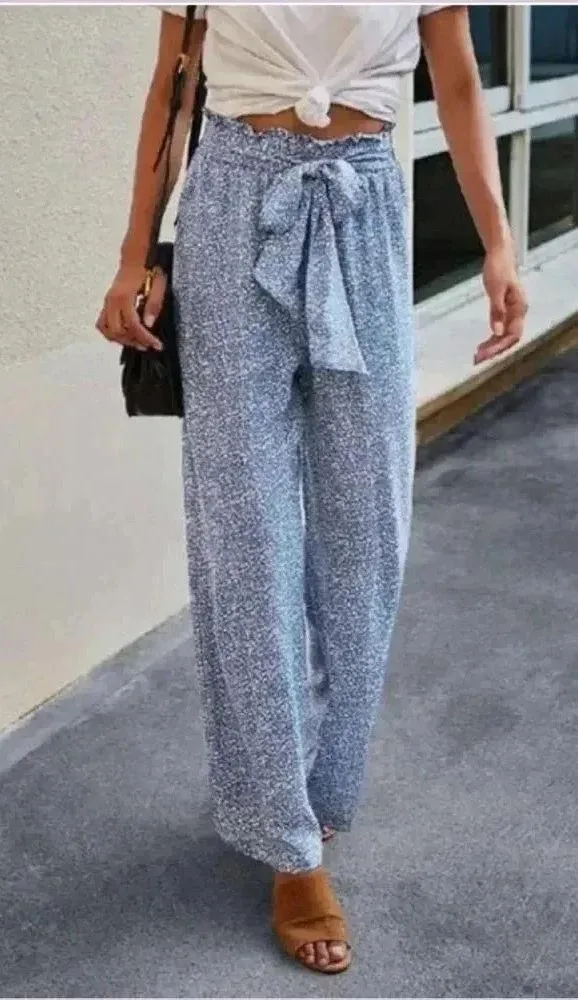 Coastal Chic Print Wide Leg Drawstring Pants Ocean Blue Womens size L - Image 2