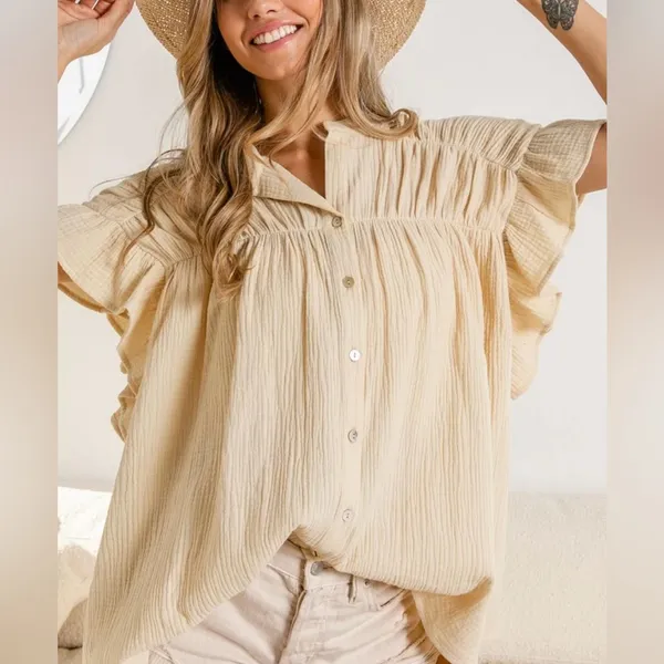 Bibi 100% Cotton gauze Babydoll Boho Chic Tunic Tan Size Medium - Image 3