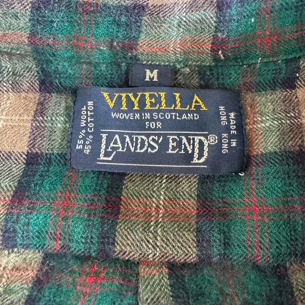 Vintage Lands End Tan Green Purple Plaid Wool Cotton Button Down Flannel Shirt M - Image 5
