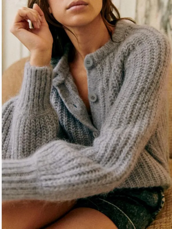 Womens Small Gray Chunky Knit Cardigan Sweater Button Front Oversized Cozy - Image 3