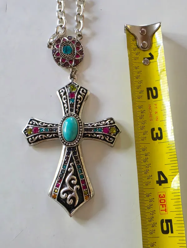 Turquoise Garnet Cross Necklace 16” - Image 5