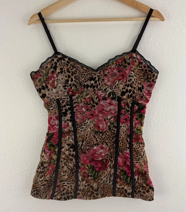 No Boundaries Vintage Y2K Brown Pink Leopard Rose Corset Style Mesh Babydoll Cami Tank Top - Image 3