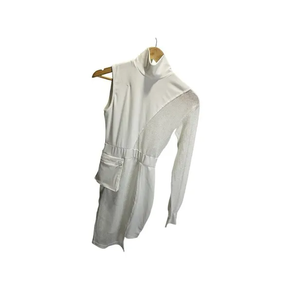 Shein Ivory Cream Mini Cocktail Dress Mesh S One Sleeve Mock Neck Stretch‎ - Image 3