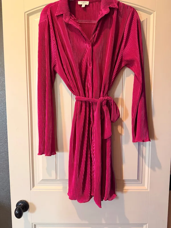 Umgee Fuchsia Pleated Shirt Dress Medium Belted Button Front Long Sleeve - Image 2