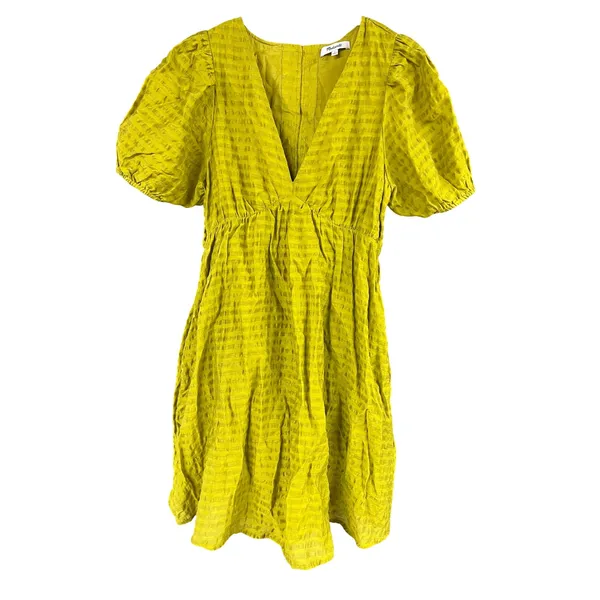 Madewell Kirkley Mini Dress Chartreuse Linen Blend Puff Sleeve Cutout Back 4 - Image 3