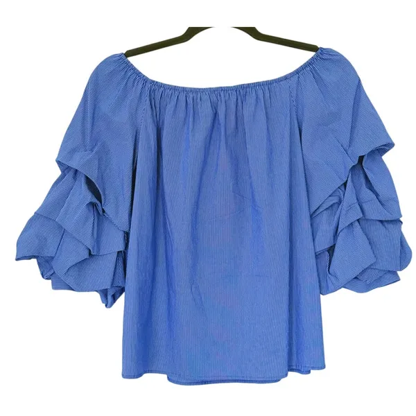 Zara Tiered Ruffle Off Shoulder Top XS Blue Pinstripe Retro European Coastal - Image 3