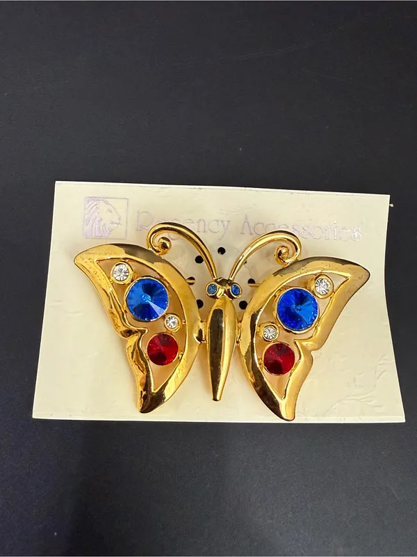 Vintage Regency Accessories Gold-tone Blue & Red Rhinestones Butterfly Brooch - Image 2