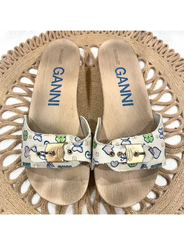 Dr Scholl's x Ganni Slide White Printed Sandals Size 9 Retro - Image 2