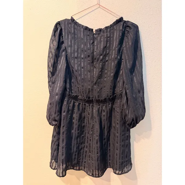Lulus Womens Mini Dress M Black Jacquard Stripe Ruffle V-Neck Balloon Sleeve - Image 9