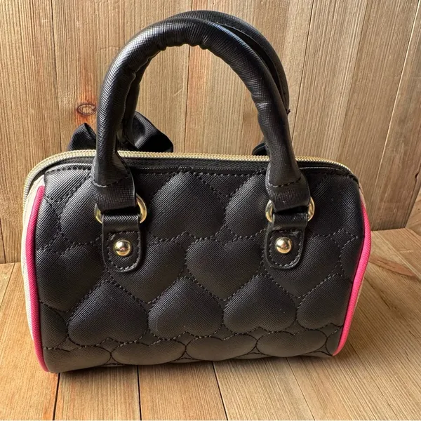 Betsey Johnson Small Mini Satchel Bag Shoulder Strap Black Pink Quilted‎ Heart - Image 3