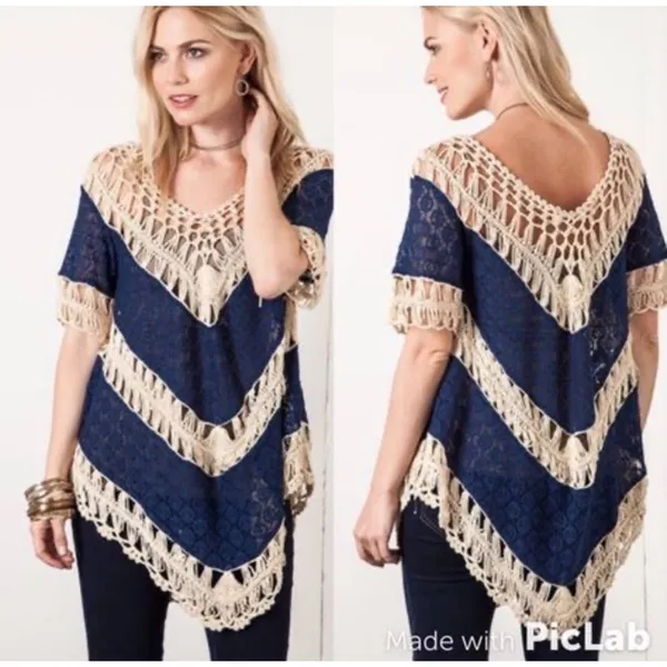 Umgee USA Crochet‎ sweater Navy blue & cream boho hippie sz M chevron - Image 2