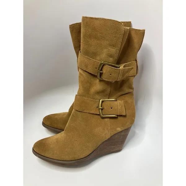 Very Volatile tan suede wedge mid calf boots buckles women's size 8.5 Trendy‎ - Image 2