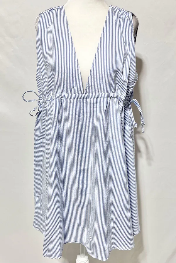 New ASOS Seersucker Plunge V-Neck Tie Waist Mini Sundress Blue White Size 4 - Image 7