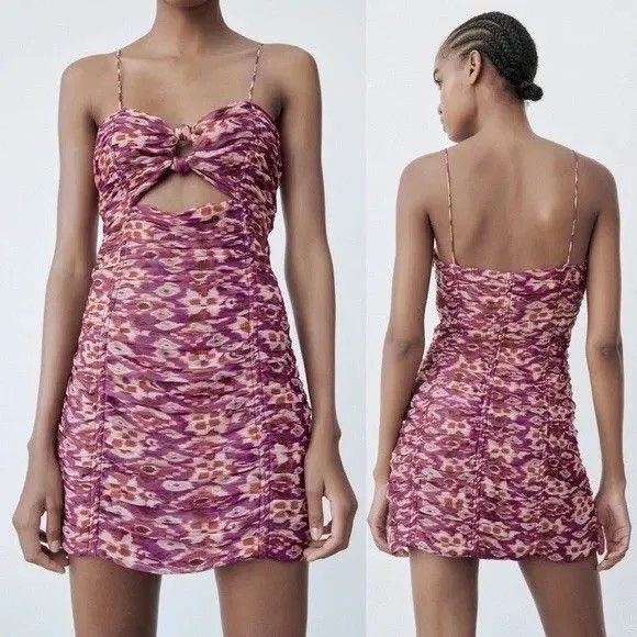 Zara Dress Size M Purple Gold Draped Floral Cut‎ Out Front Mini Spaghetti Straps - Image 3