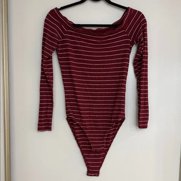 Hollister Ribbed Maroon & White Striped Off Shoulder Long Sleeve Bodysuit - Image 2