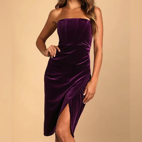 LULUS Glamorous Celebrations Dark Purple Velvet Strapless Tulip Dress - Image 2