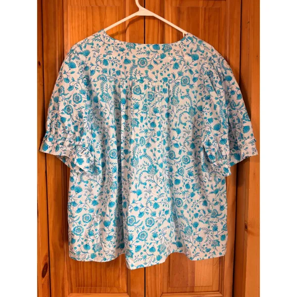 Draper‎ James XXL V-Neck Puff Sleeve Floral Top Blue Paisley Cotton Blouse NWOT - Image 3