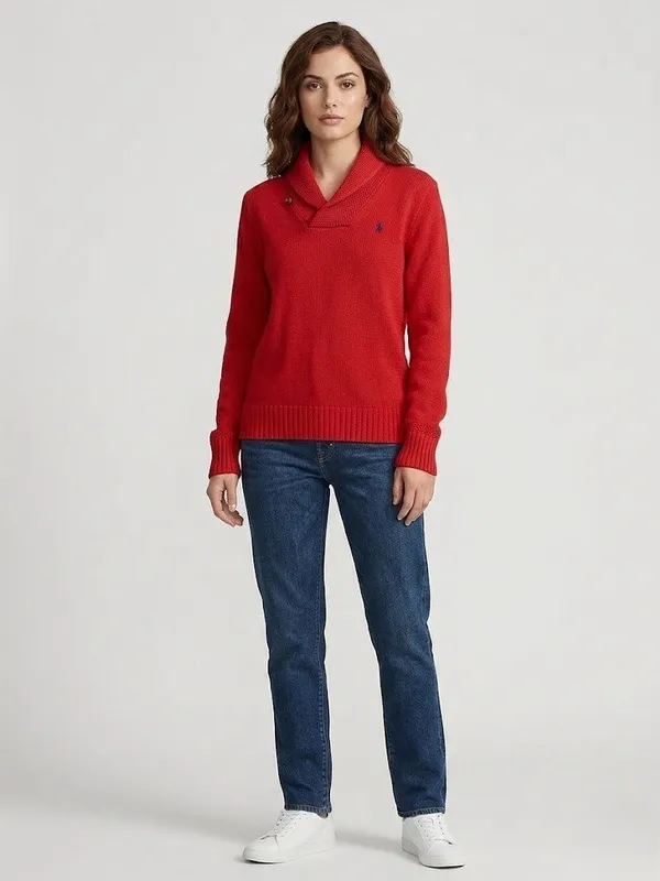 NWT Polo Ralph Lauren Cotton V-neck Shawl Collar Sweater in Fall Red Pullover M - Image 2