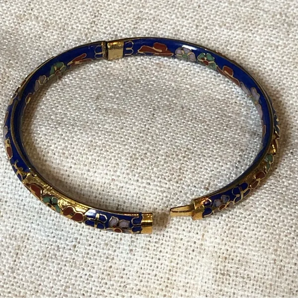 Vintage cloisonné blue hinged bangle bracelet - Image 9