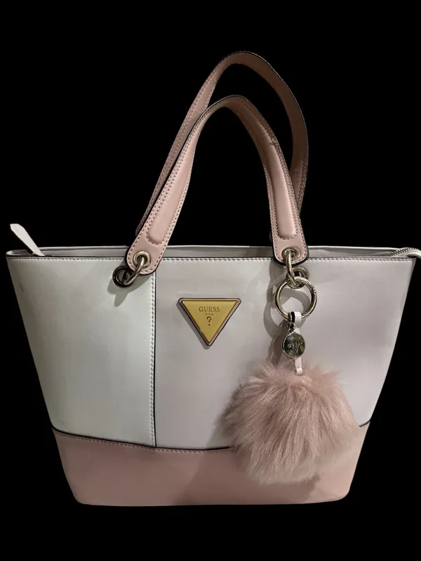 Guess Blush & Cream Colorblock Tote Bag Gold Logo Charm Pom Pom Large - Image 2