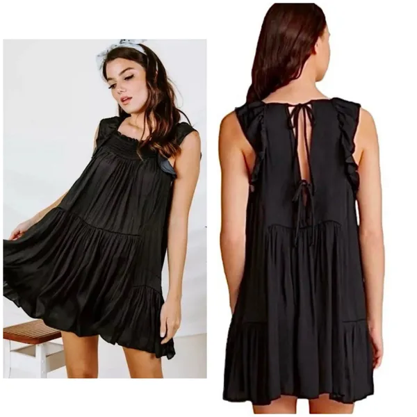 Free People Want Your Love Black Mini Dress Small Smocked Tie Back Boho Babydoll - Image 14