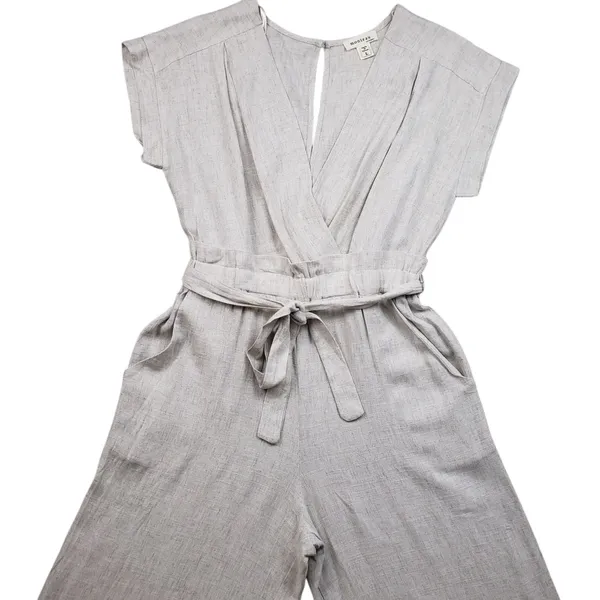 Monteau Jumpsuit Womens Large Beige Linen Wide Leg V-Neck Cropped Boho Overall - Image 3