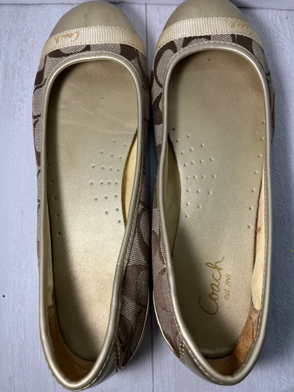 Coach Women's Brown Signature Canvas Ballet Flats with Gold Cap Toe - Image 7