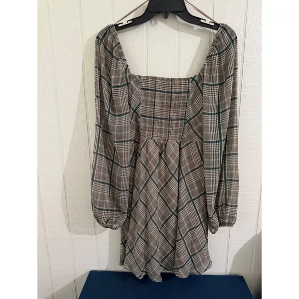 Copper Key Brown Green Plaid Square Neck Smocked Back Mini Dress NWT Size M - Image 4