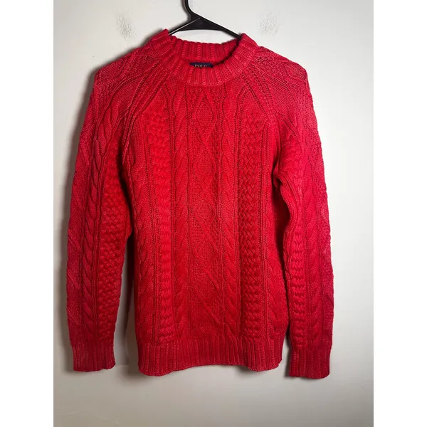 Polo Ralph Lauren Red Cotton Cable Knit Crewneck Sweater‎ Garment Dye XS - Image 2