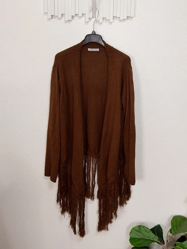 Miss Sparkling Brown Fringe Open Front Waterfall Longline Knit Cardigan - Image 2
