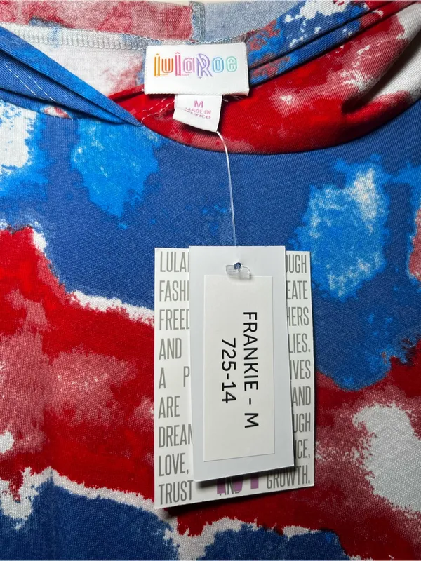 LuLaRoe Frankie Red, Blue & White Abstract Tie-Dye Short Sleeve Hoodie - Image 4