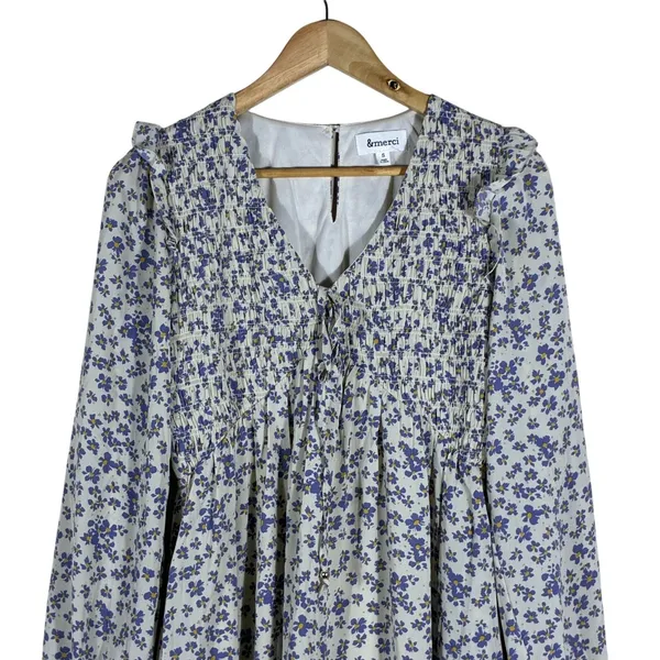 &merci Smocked Floral Mini Dress Blue Cream Boho Ruffle Long Sleeve Size S - Image 3