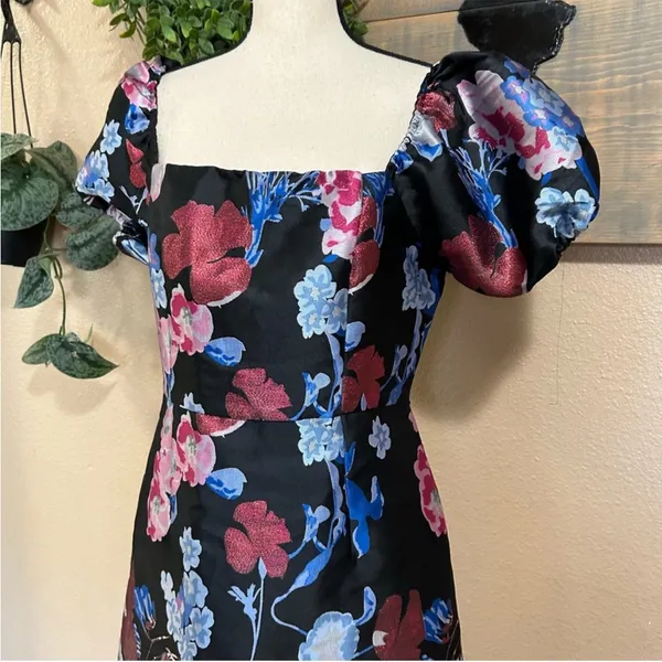 Lulus So Stunning Black Multi Floral Jacquard Puff Sleeve Mini Dress - Image 10